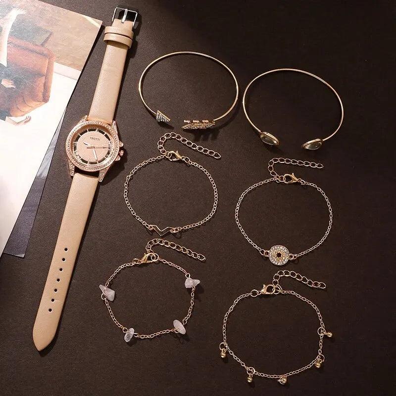 Relógio Feminino Fashion Quartz de Luxo com Pulseira de Couro Khaki, e Conjunto de Pulseiras para Mulheres