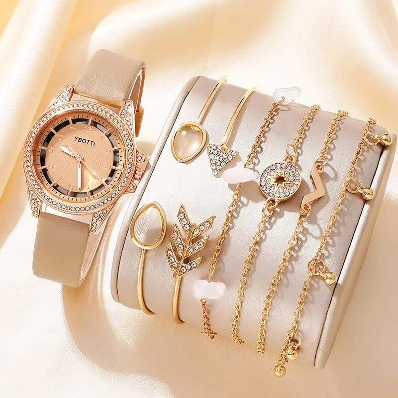 Relógio Feminino Fashion Quartz de Luxo com Pulseira de Couro Khaki, e Conjunto de Pulseiras para Mulheres