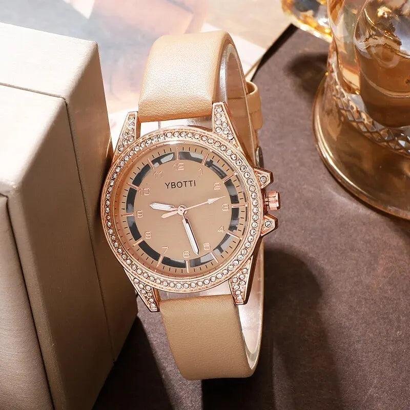 Relógio Feminino Fashion Quartz de Luxo com Pulseira de Couro Khaki, e Conjunto de Pulseiras para Mulheres