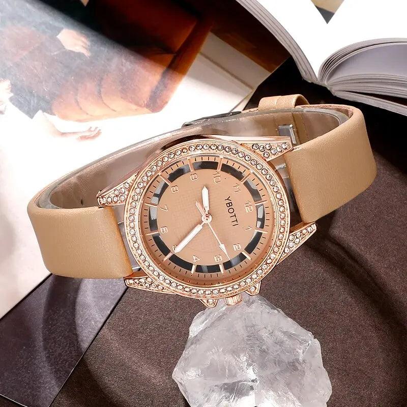 Relógio Feminino Fashion Quartz de Luxo com Pulseira de Couro Khaki, e Conjunto de Pulseiras para Mulheres