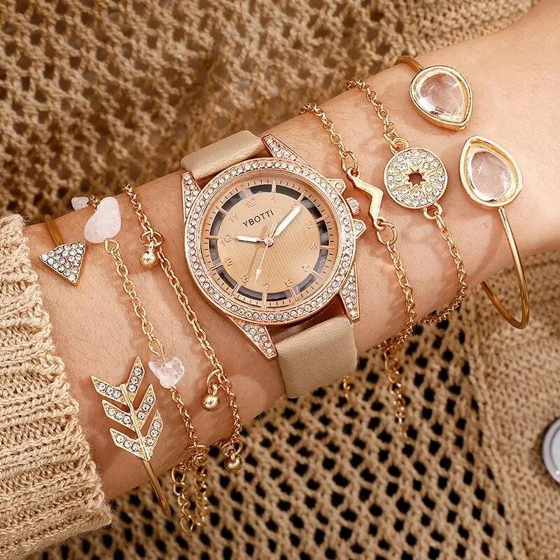 Relógio Feminino Fashion Quartz de Luxo com Pulseira de Couro Khaki, e Conjunto de Pulseiras para Mulheres